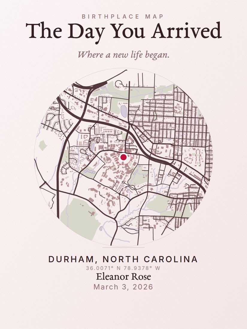 Circle map print of Durham, North Carolina titled The Day You Arrived