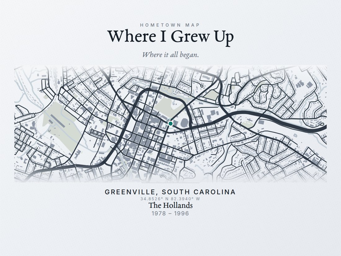 Landscape map print of Greenville, South Carolina titled Where I Grew Up