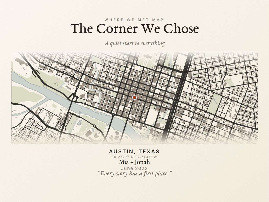 Landscape map print of Austin, Texas showing the river and city grid