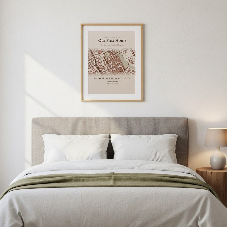 A framed map of Nashville hanging above a bed in a quiet bedroom