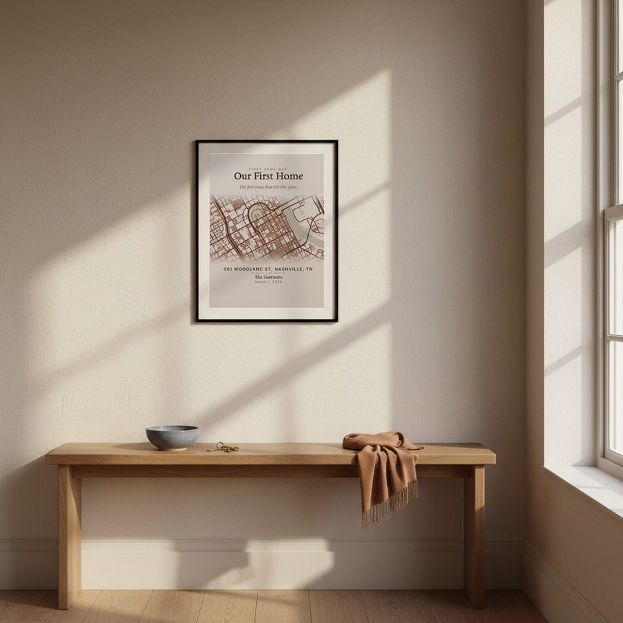 A framed map of Nashville hanging above a console table in an entryway